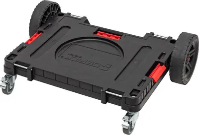 A black transport platform with wheels, shown from a diagonal angle.