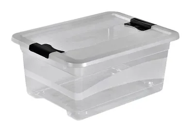 A clear plastic storage box with black latches on a white background.