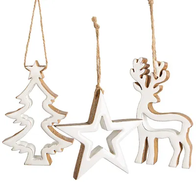 Weihnachtsbaum-Anhänger Set 3-tlg. – Baum, Rentier, Stern, Holz, 12 cm