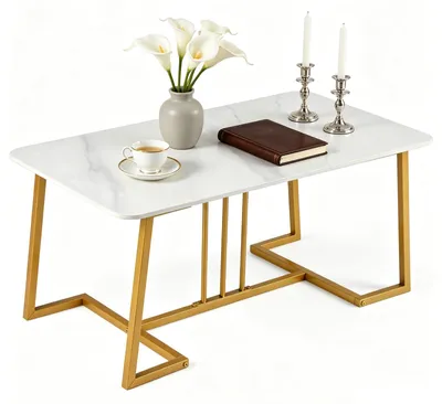 Produktbild von KOMFOTTEU Couchtisch in Marmoroptik, rechteckiger Wohnzimmertisch mit Metallrahmen & rutschfesten Füßen, moderner Kaffeetisch, Sofatisch für Wohnzimmer & Büro, 40kg Tragkraft, 90 x 50 x 41,5 cm, Weiß