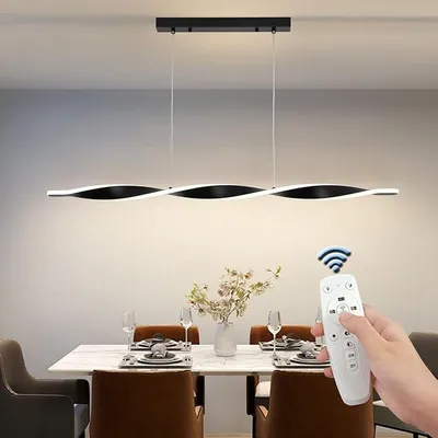 Immagine prodotto di Lampada a sospensione per tavolo da pranzo, lampada per tavolo da 120 cm, lampada a sospensione LED moderna, lampada a sospensione nera, dimmerabile con telecomando, altezza regolabile, lampada a sospensione per sala da pranzo, studio, cucina, soggiorno
