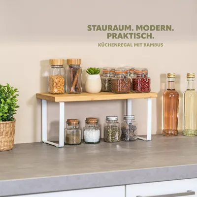 Zdjęcie produktu dla bremermann stojak na przyprawy, stojak kuchenny, wykonany z bambusa i białego metalu, szerokość ok. 36 cm