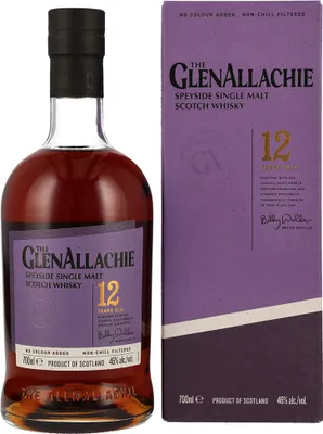 A bottle of Glenallachie 12 Year Old Speyside Single Malt Scotch Whisky and its accompanying box are shown against a white background.