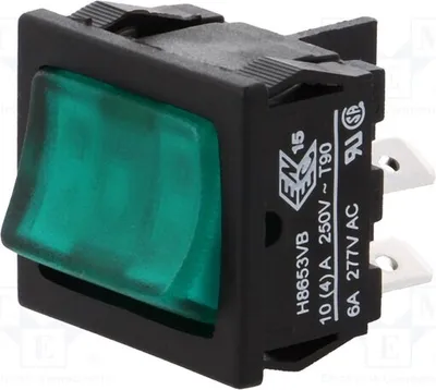 Zdjęcie produktu dla 1x Przełącznik OFF-ON, pozycja: 2, 10A/250VAC, 10A/28VDC, zielony, model H8653VBBG3, wippowy