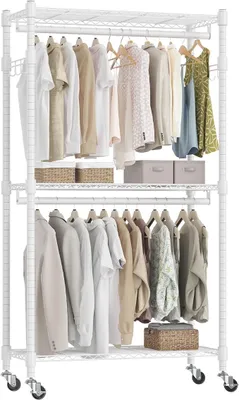 Imagen del producto de Perchero doble con ruedas. Perchero resistente para ropa con capacidad de carga elevada, con 2 ganchos. Estantes de altura ajustable. Estante de ropa metálico resistente para dormitorio, lavadero y vestíbulo. 60 x 42 x 205 cm. Blanco