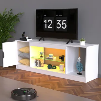 Produktbild von OYAJIA 148cm TV-Schrank Fernsehkommode,mit RGB 16 Farben LED Beleuchtung Lowboard TV Schrank, 1 offenes Regalfach und Glasregal Fächern TV Board