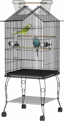 Produktbild von JNGLGO Vogelvoliere großer Vogelkäfig Papageienkäfig Vogelhaus Käfig Voliere kanarienvögelkäfig mit Ständer, Rollen Schwarz 55x55x145cm (mit Offenem Dach)