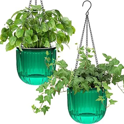 Produktbild von Set 2 selbstbewusste Hängekörbe, Blütentopf, Pflanzen, 16,5 cm Innentöpfe 3 Haken Drainagelöcher Innen-, Außen-, Decken, Balkone, Wand