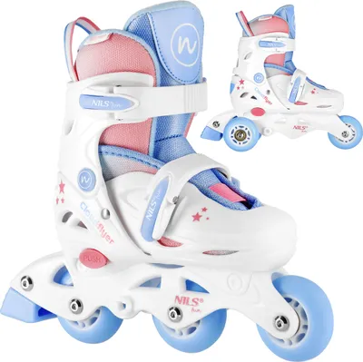 A pair of white, blue, and pink roller skates for children, with a smaller, identical pair shown in the background.