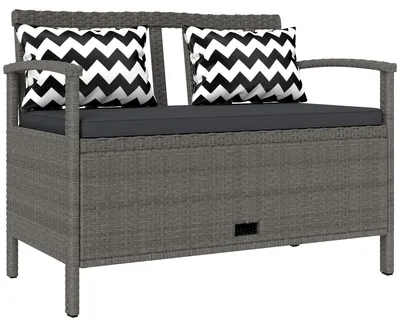 Image de Banc de jardin avec rangement, 2 places, 160 L, 112 x 62 x 82 cm, gris, rotin PE résistant aux UV, coussins inclus, charge maximale de 240 kg