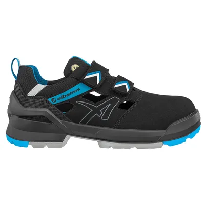 A side view of a black and blue Albatros safety sandal.