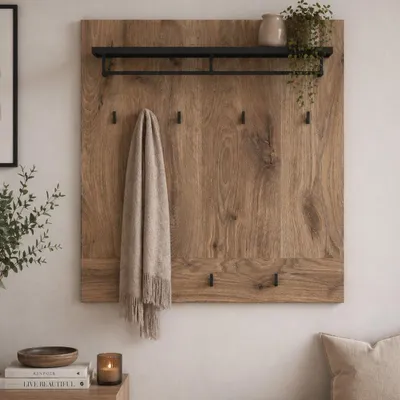 Produktbild von Flur Garderobenpaneel 93 cm breit in Eiche mit Grau, Hutablage, 7 Kleiderhaken - GRAHAM-129