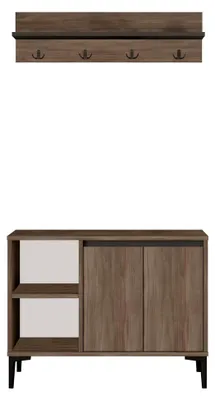 Produktbild von Garderobe mit Sitzbank und 4 Haken | Flurmöbel mit Schrank und 2 offenen Ablagen für den Eingangsbereich | Garderobenschränke Set in Eichenfarbe