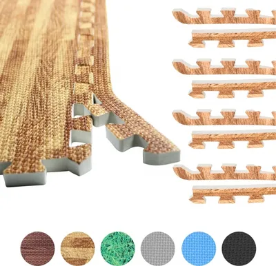A close-up of interlocking foam mats with a wood grain pattern, alongside several individual mat pieces and a row of color swatches at the bottom.