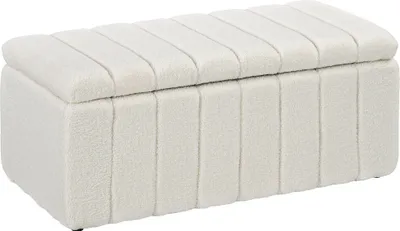 Zdjęcie produktu dla HOMCOM Ławka z miejscem do przechowywania, tapicerowana ławka o wyglądzie pluszowego polaru, ławka z drewnianymi nogami, siedzisko do przedpokoju, sypialni, salonu, kremowa biel