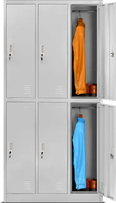 A metal locker unit with six compartments, two of which are open showing clothes hanging inside.
