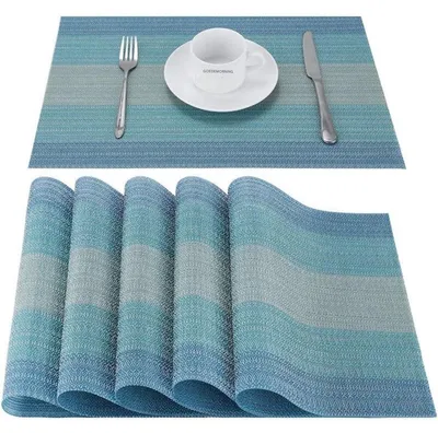 Obrázek produktu pro Sada 6 prostírání z modrého PVC vinylu, 30 x 45 cm, tepelně odolná do 80 °C, pro jídelní stoly a kuchyně