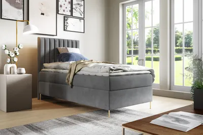 Produktbild von GUTTO Boxspringbett JILL 90 x 200cm mit Bettkasten TOPPER 5cm Gratis Grau Velour hohe goldene Beine