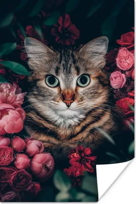 Produktbild von MuchoWow® Poster Katze - Blumen - Blätter - Botanisch 120x180 cm - Kunstposter