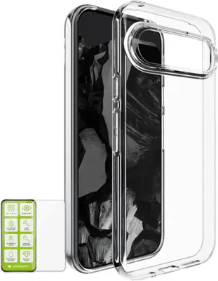 A clear phone case and screen protector are shown against a white background.