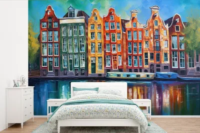 Produktbild von MuchoWow® Fototapete für Wohnzimmer oder Schlafzimmer Wandtapete Vinyl Motivtapete Amsterdam - Ölgemälde - Gracht - Gemälde - Kunst - 450x300 cm - Gemusterte