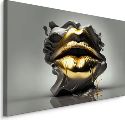 Produktbild von Muralo CANVAS Leinwandbild Goldene Abstrakte MUND Lippen ABSTRAKTION 3D Design für Wohnzimmer Br. 100 cm x Hö. 70 cm