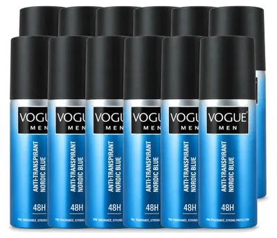 Obrázok produktu pre 12 kusov sprejového antiperspirantu a deodorantu Vogue Men Nordic Blue, 150 ml - výhodný balík