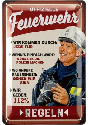 Produktbild von LANOLU Retro Blechschild Feuerwehrregeln - Feuerwehrmann Geschenke für Männer, Feuerwehr Deko Schild - Metallschild mit Spruch in 20x30cm