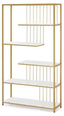 Produktbild von Bücherregal in Gold, Standregal mit 5 Ebenen, Metallrahmen, Regal für Büro, Wohnzimmer, Schlafzimmer, Küche, Nagelstudio, Marmor-Weiß, 30x100x180cm