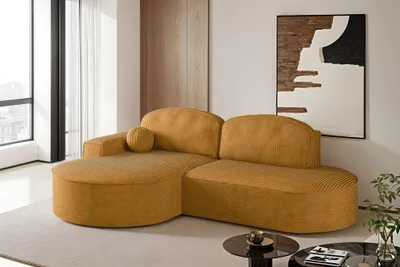 Image de Canapé d'angle avec fonction de couchage et coffre de lit Modena Tissu rond Poso Couleur moutarde ? gauche