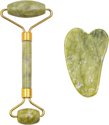 Immagine prodotto di Set di rullo di giada e strumento Gua Sha, 2-in-1, realizzato in giada naturale, per il viso e il corpo