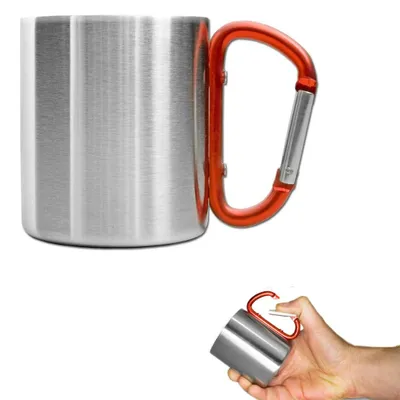 Produktbild von Edelstahlbecher - mit Karabiner - 220 ml - Trinkbecher - Mit Henkel - Für heiße und kalte Getränke – Ideal für Camping, Wandern, Spaziergänge