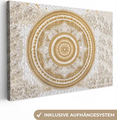 Obrázek produktu pro OneMillionCanvasses® - Obraz na plátně - Mandala - Květiny - Zlatá - Bílá - Design, nástěnný obraz, nástěnné dekorace obrazy obývací pokoj, 120x80cm