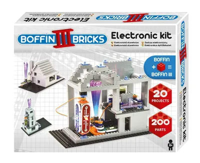 The image shows the packaging of a Boffin III Bricks Electronic Kit, featuring a model of the kit's construction and smaller examples of built projects.