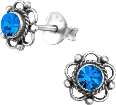Produktbild von Ohrringe Ohrstecker 925 Sterling Silber Blume mit Kristall in verschiedenen Farben Farbe - Blau