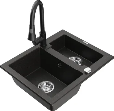 Produktbild von Mexen Carlos 1,5-Becken-Granitspüle mit Mischbatterie Elia, Schwarz/Gold metallisch - 6518-75-670101-70