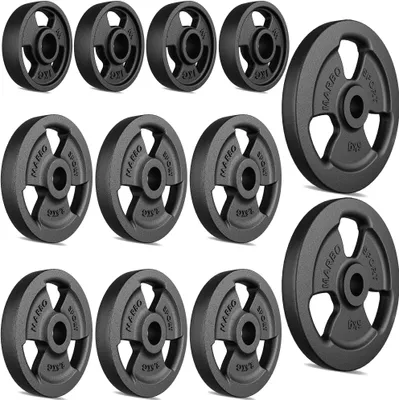 Produktbild von Marbo Sport Tri-Grip Guss Hantelscheiben-Set Gewichte mit ø30/31 mm Bohrung | Set 29 kg / 2 x 5 kg + 6 x 2,5 kg + 4 x 1 kg