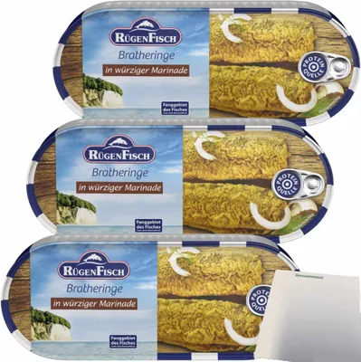 Produktbild von Rügenfisch Bratheringsfilet in würziger Marinade 3er Pack (3x500g Dose) + usy Block