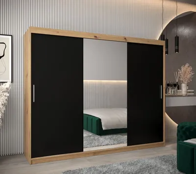 Produktbild von Schwebetürenschrank mit einer Breite von 250 cm TIMEA 1 – Eiche Artisan / Schwarz