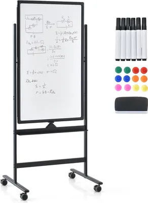 Produktbild von GOPLUS Whiteboard magnetisch mit Ständer, doppelseitiges Whiteboard mit Zubehör Set, Trocken abwischbar, mobiles Whiteboard höhenverstellbar (60 x 100cm, Schwarz)