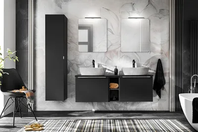 Image de Ensemble De Salle De Bain 180 Cm Noir Avec 2 Lavabos, Colonne, Miroirs Et Éclairage Led