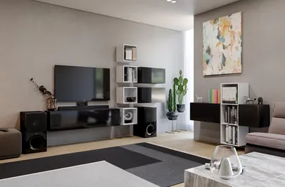 Produktbild von TV-Wohnwand Set mit 10 Schränken, Weiß, Schwarz Hochglanz, modern für das Wohnzimmer