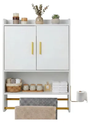 Produktbild von Wand-Badschrank mit 2 Türen, Handtuchhalter und Haken, Hängeschrank mit verstellbarem Einlegeboden, Wandschrank für Bad und Küche, 55 x 20 x 80 cm (Weiß)