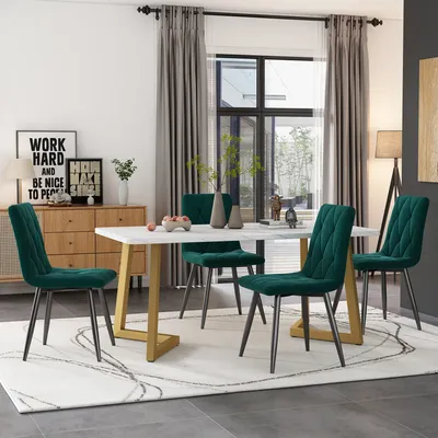 Obrázek produktu pro Sweiko jídelní set, (set, 117×68cm jídelní stůl se 4 židlemi), obdélníkový jídelní stůl moderní kuchyňský set, jídelní židle tmavě zelená sametová kuchyňská židle, zlaté nohy stolu