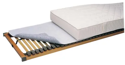 A mattress protector is shown laid out on a slatted bed base.