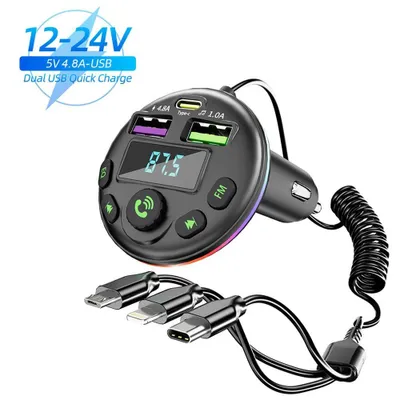 Produktbild von Auto-Bluetooth 5.0 FM-Transmitter MP3-Modulator-Player Freisprech-Audioempfänger mit 3-in-1-Ladekabel für iPhone, Huawei und Xiaomi