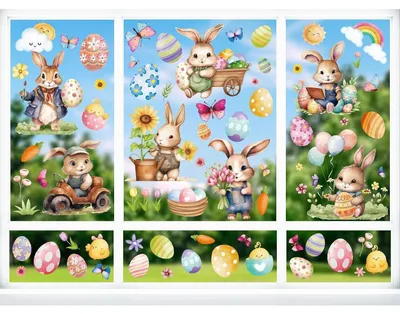 Productafbeelding van Raamstickers, paasdecoratie, zelfklevend, lente, met haasjes en paaseieren, 9 vellen