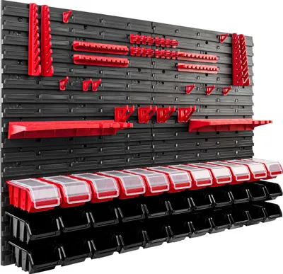 A wall-mounted storage system with various red tool holders and black and clear storage bins.