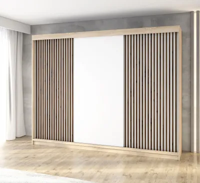 A modern wardrobe with sliding doors and slatted panels.