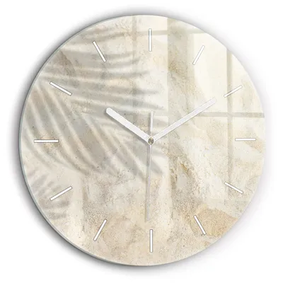 Produktbild von Wallfluent Große Wanduhr – Stilles Quarzuhrwerk - Uhr Dekoration Wohnzimmer Schlafzimmer Küche - Zifferblatt mit Striche - weiße Zeiger - 60 cm - Schatten einer Palme im Sand